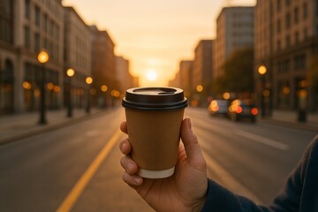 Warm Coffee Cup Held in Hand With Sunset Over City Street in Autumn