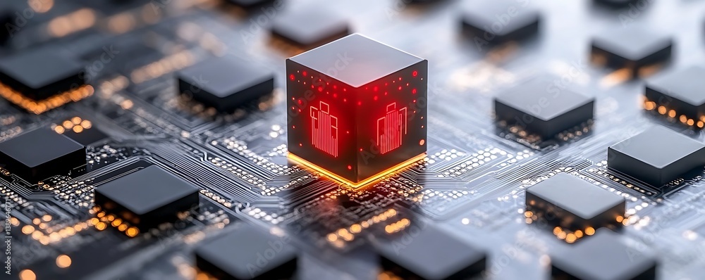 Poster illuminated electronic cube representing a complex digital processing system