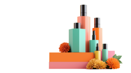 An assortment of vibrant geometric shaped cosmetic and skincare bottles and containers neatly arranged on a plain white background creating a stylish contemporary display