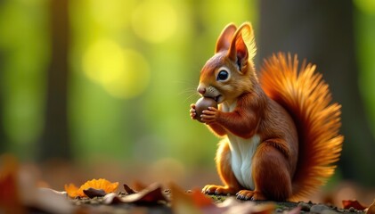 Red fluffy squirrel, nut in mouth, vibrant forest setting, brown, ecology, nature photography