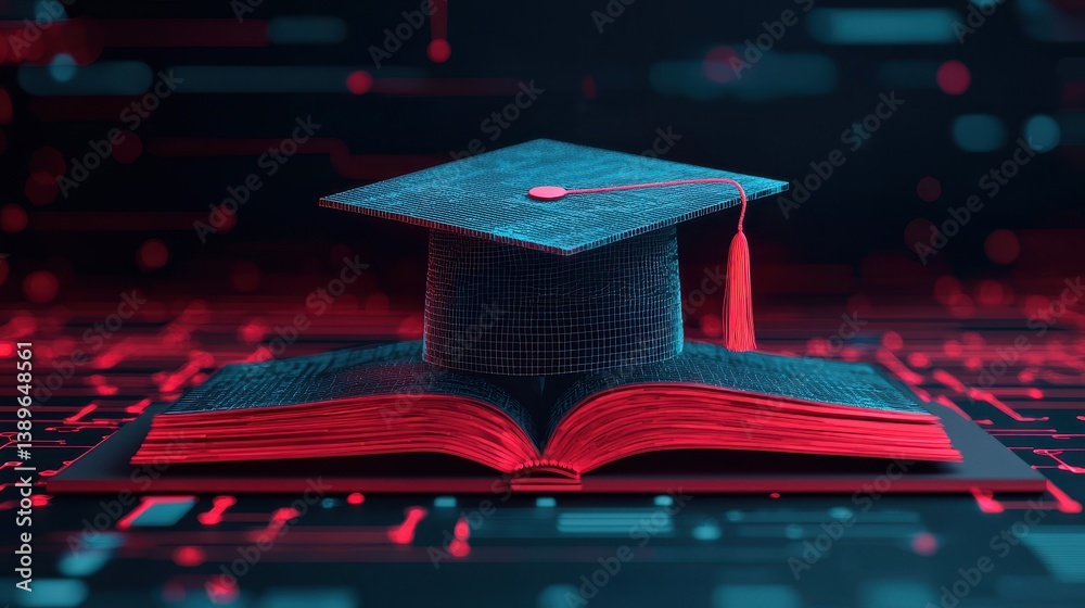 Poster digital graduation cap on open book against high-tech background with glowing red circuit lines
