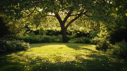 Fototapeta premium Sunlit Garden Tree: Serene Landscape Photography