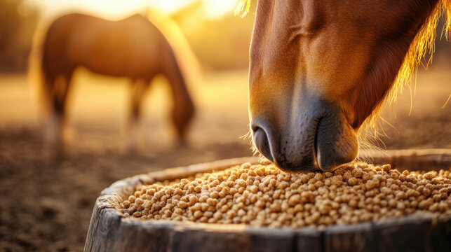 A horse eating from a wooden trough filled with feed pellets in a rural outdoor setting at sunset