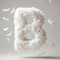 A soft, three-dimensional letter "B" constructed from white feathers. The letter appears to float slightly above a neutral background, with several individual feathers scattered around it