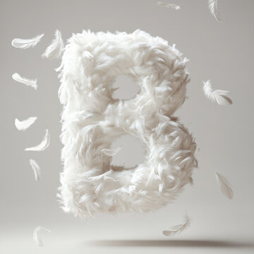 A soft, three-dimensional letter "B" constructed from white feathers. The letter appears to float slightly above a neutral background, with several individual feathers scattered around it