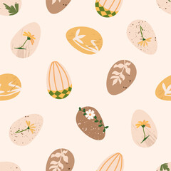 Easter egg repited pattern. Cute rustic handcrafted eggs with botanical elements. Minimalistic and elegant vector texture for textile design, wrapping paper, poster, background
