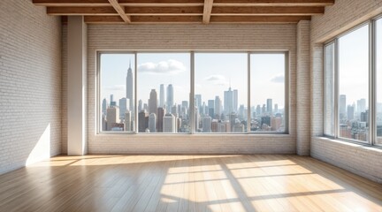 Fototapeta premium Minimalist empty loft with neutral tones, natural light, city skyline, floor-level view, clean architectural style