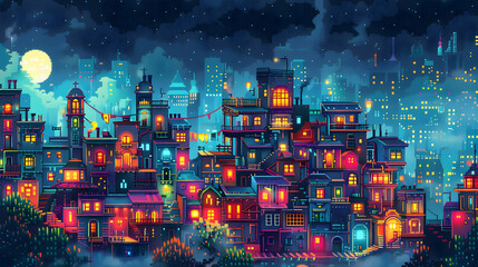 Pixel Art Cityscape at Night with Glowing Lights and Full Moon in a Dark Sky Full of Star
