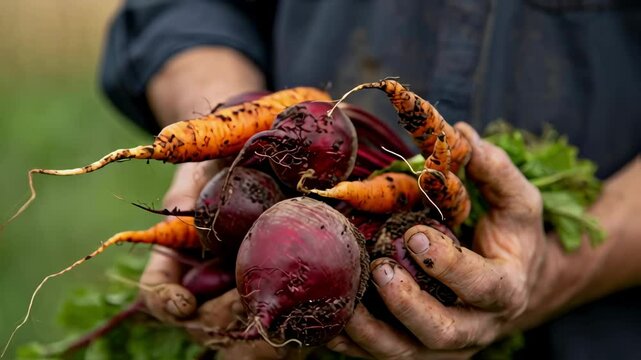 Farmer's soil-covered hands hold freshly harvested organic carrots and beets outdoors, representing farm-to-table concept, sustainable agriculture and healthy food bounty connection lifestyle nature