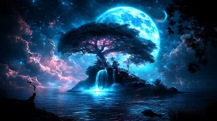 A fantastical landscape featuring a glowing moon and a solitary tree