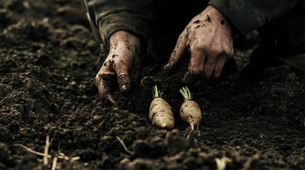 Obraz premium Close-Up of Hands Planting Fresh Radishes in Dark Soil During Organic Gardening in Nature