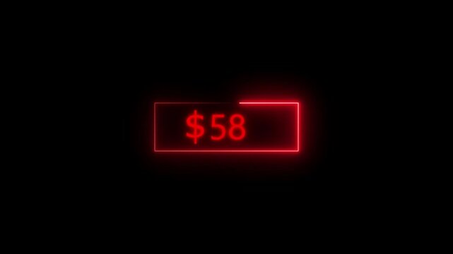 Neon bright USD Dollar growing from $150 red color Animation. Black background 4k video.
