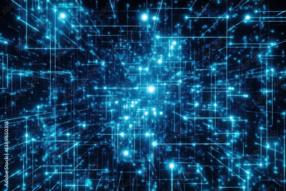 Poster Futuristic structured pattern of glowing digital nodes interconnected by lines in a deep blue and white cyber theme