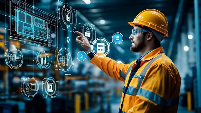 A worker wearing safety gear interacts with a complex digital interface, showcasing digital integration in a modern industrial setting. This image represents the future of manufacturing.
