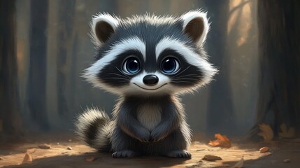 Fototapeta premium Cute cartoon raccoon smiles in autumn forest