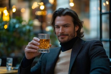Portrait of confident businessman raising crystal glass of aged whiskey, enjoying quiet moment in upscale bar