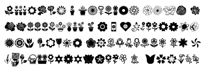 Collection of beautiful flower art icons on a white background