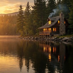Fototapeta premium A lakeside cabin with glowing windows, smoke curling from chimney, and calm waters reflecting golden sunset.