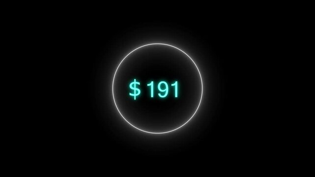 Neon bright USD Dollar growing from $650 cyan color Animation. Black background circle cyan color frem 4k video.