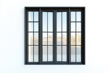 Black window frame with multiple glass panes on white wall