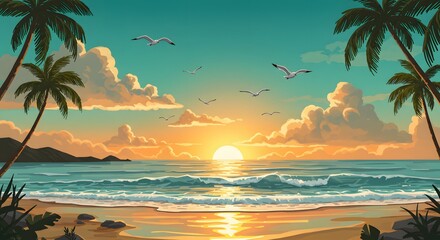 Tranquil Tropical Sunset: Palm-Framed Ocean Vista with Soaring Seagulls