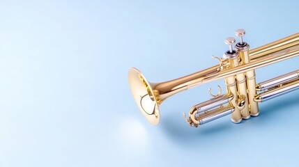 Obraz premium Trumpet on Blue Background Minimalist Style High-Resolution, Close-up angled view, Brass instrument detail, Ready to play concept, Pastel blue backdrop, Golden hue mood, Ideal for music promotion