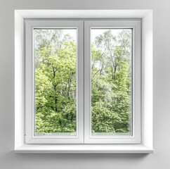 Fototapeta premium White window frame with view of green trees outside