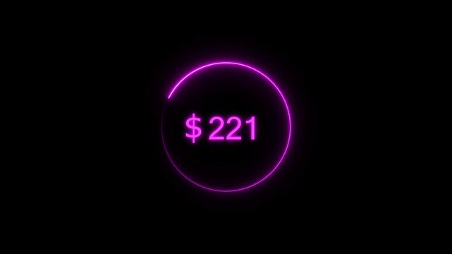Neon bright USD Dollar growing from $750 magenta color Animation. Black background circle magenta color frem 4k video.