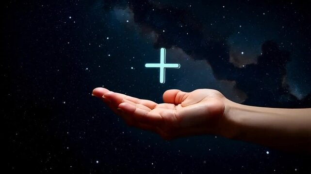 A plus signed balanced over a hand on a dark background
