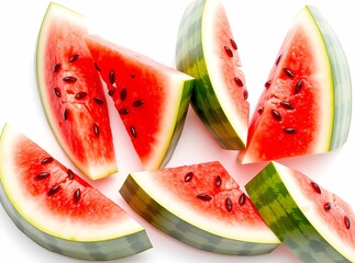  Freshly sliced juicy watermelon with vibrant red flesh and black seeds on a white backdrop