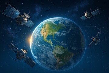 Fototapeta premium Satellites Orbiting Earth Over the Americas at Dawn Showcasing Advanced Technology