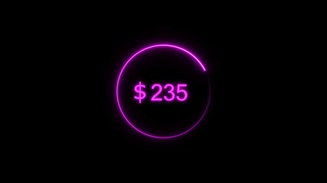 Neon bright USD Dollar growing from $800 magenta color Animation. Black background circle magenta color frem 4k video.