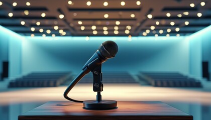 Microphone on podium ready for speech in illuminated auditorium  