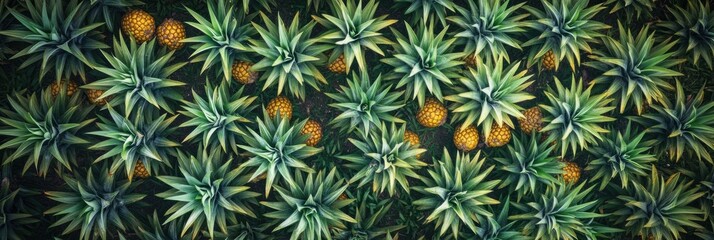 Fototapeta premium Neatly arranged pineapple plantation viewed from above showcasing lush green leaves and ripe pineapples under a tropical sun
