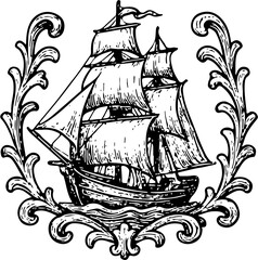 Nautical ornament. Old sailing ship. Vintage illustration  © Riszczel