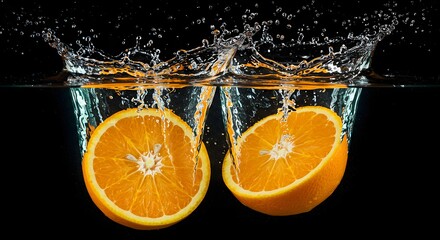 Two Orange Halves Splashing into Water, Black Background