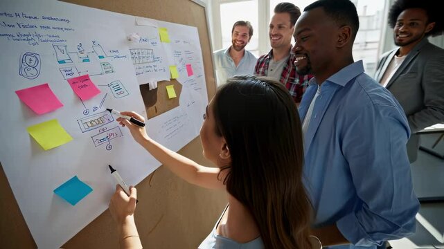 Diverse team of colleagues collaborating around a whiteboard with sticky notes during a brainstorming session in an office, woman explains ideas, symbolizing teamwork and creative planning process