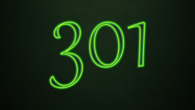Neon glowing green number design of 301 on dark background.