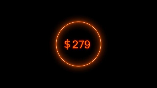 Neon bright USD Dollar growing from $950 orange color Animation. Black background circle orange color frem 4k video.