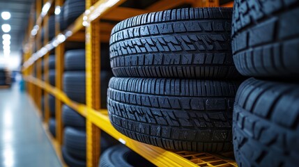 Aisle view of stacked tires on shelves, ready for sale at the tire shop
