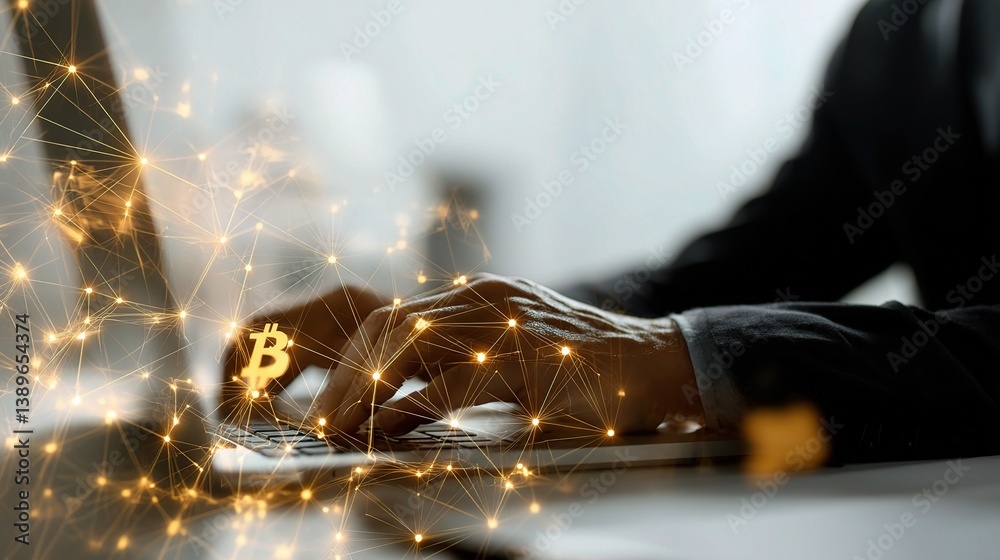 Poster abstract technology background with blockchain elements and hands