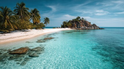 Fototapeta premium A tropical beach scene shows a pristine white sand beach, turquoise waters, palm trees, and a rocky islet under a bright blue sky. Paradise!