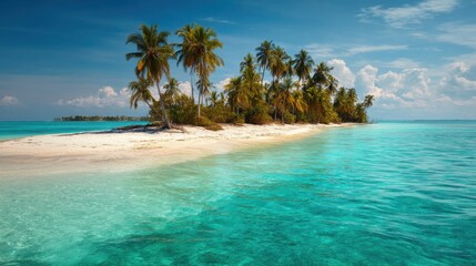 Fototapeta premium Tropical paradise: pristine beach, turquoise water, and swaying palms create an idyllic island getaway. Serene scene of relaxation and beauty.