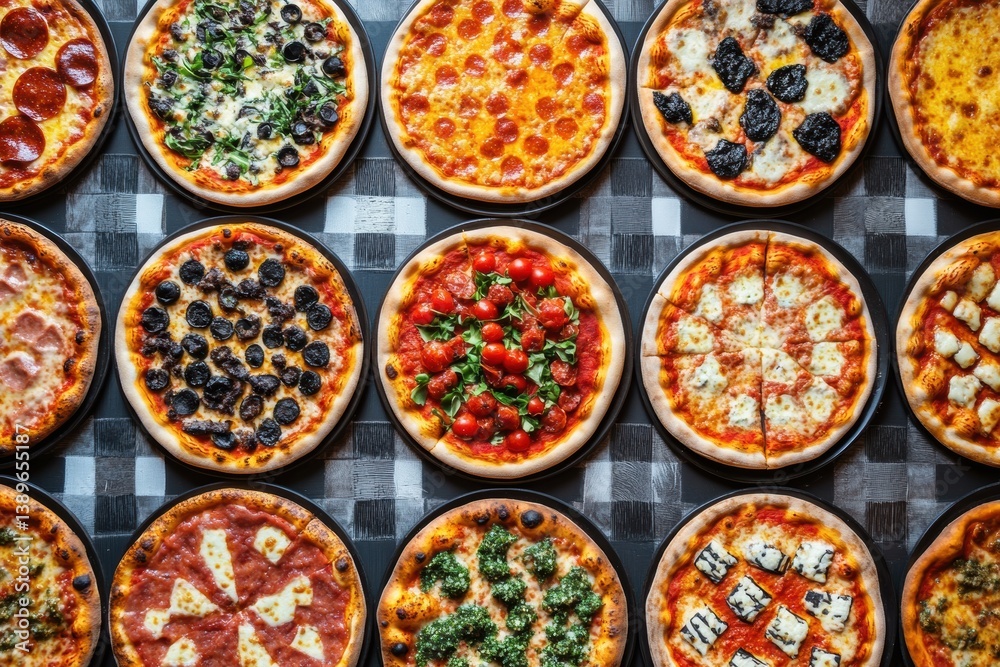 Poster Various pizzas displayed in colorful arrangement with a variety of toppings on a chessboard pattern for an inviting culinary experience