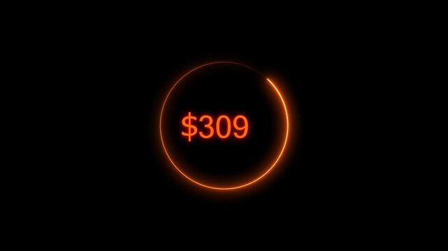 Neon bright USD Dollar growing from $1050 orange color Animation. Black background circle orange color frem 4k video.
