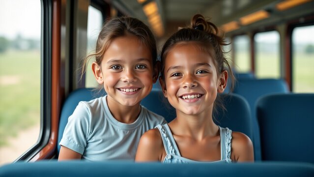 Smiling young Hispanic girls on train adventure, summer travel joy, family vacation happiness, carefree childhood exploration