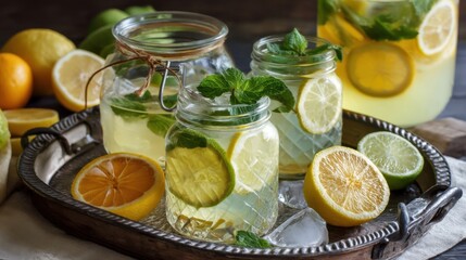Refreshing citrus infused water served in mason jars and a pitcher on a decorative metal tray, garnished with lemons, limes, and mint.