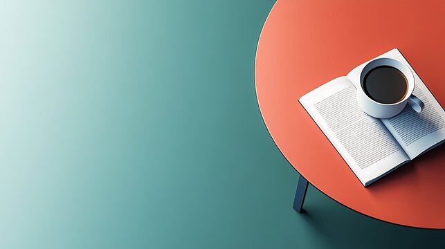 Coffee cup on open book on red table.