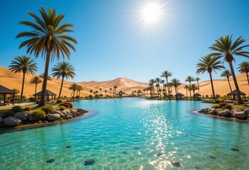 Fototapeta premium A serene oasis with crystal-blue waters, vibrant palm trees, and inviting huts among sunlit desert dunes, embodies tranquility, natural beauty, and an idyllic escape for relaxation.