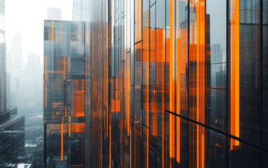 Obraz premium Modern Urban Architecture: Glass and Steel Facade with Abstract Orange Lines Reflecting Cityscape in Daylight